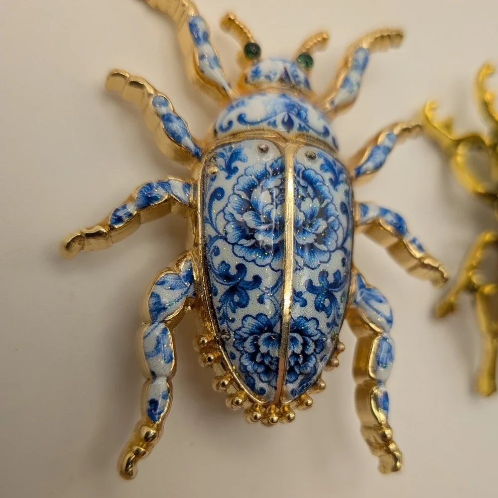 Vintage Inspired Beetle Brooch Blue White Chinoiserie & Enamel Stag Bug Pin
